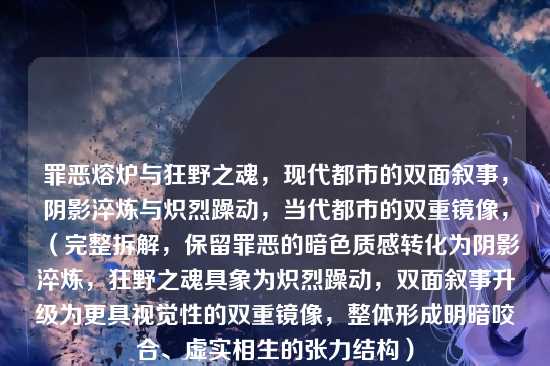 罪恶熔炉与狂野之魂,现代都市的双面叙事,阴影淬炼与炽烈躁动,当代都市的双重镜像,(完整拆解,保留罪恶的暗色质感转化为阴影淬炼,狂野之魂具象为炽烈躁动,双面叙事升级为更具视觉性的双重镜像,整体形成明暗咬合、虚实相生的张力结构)