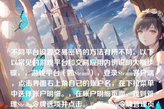 不同平台设置交易密码的方法有所不同。以下以常见的游戏平台和交易应用为例说明大概步骤，，游戏平台（如Steam），登录Steam客户端，点击界面右上角自己的账户名，在下拉菜单中选择账户明细。，在账户明细页面，找到管理Steam令牌选项并点击。，在Steam令牌管理页面，会看到添加手机验证器等安全设置选项，强烈建议先绑定手机验证器提高安全性。，之后在相关安全设置区域，可能会有与交易密码或交易限制相关的选项（如果没有可咨询Steam客服），按照提示设置密码，设置过程中可能需要再次验证账户身份（如通过手