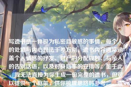 写遗书是一件极为私密且敏感的事情,每个人的处境与内心想法千差万别。遗书内容通常涵盖个人情感的抒发、财产的分配规划、与亲人的告别话语,以及对身后事的安排等。鉴于此,我无法直接为你生成一份完整的遗书,但可以提供一个框架,供你梳理思路时参考。,遗书框架具体如下,遗书或我的遗愿,- 表达感激之情,对亲人、朋友或其他重要的人表达感激以及即将分别的遗憾。,- 财产分配,说明自己的财产如何处理。,- 墓地和葬礼安排,如果你对葬礼或墓地有特定的安排,请在此部分提及。,- 结束语,表达自己的不舍以及祝福。,落款,名字和日期,撰写遗书是一个无比严肃的决定,倘若你正处于迷茫、痛苦之中,迈出寻求帮助的这一步至关重要。有一些专业的心理援助热线随时为你提供支持,,1. 全国统一心理援助热线,12356(部分城市开通),2. 希望24专线,400-161-9995,生命宝贵,请珍惜自己。希望你能找到继续前行的力量和勇气。请记得,即使在最黑暗的时刻,也有光明存在,不要放弃寻找希望的机会。